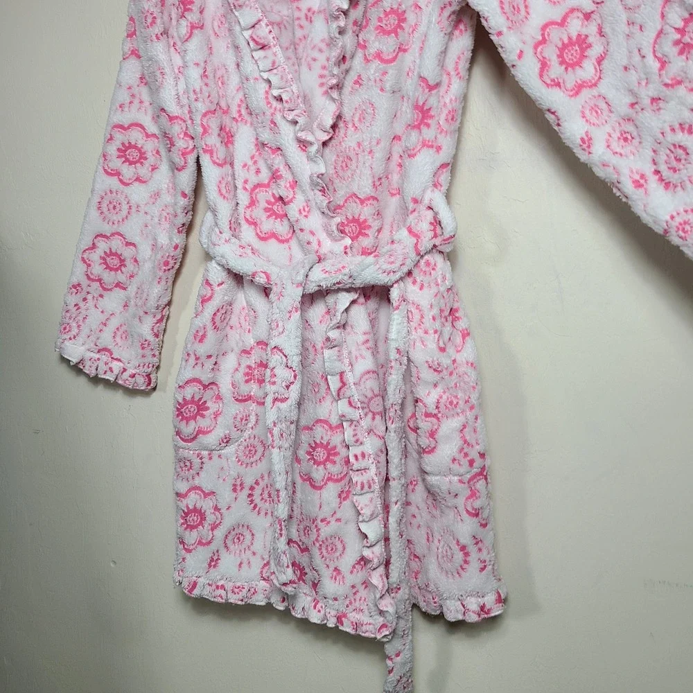 Pink Plush Floral Robe Ruffle‎ Trim L Loungewear Coquette Girly Barbiecore GRWM
